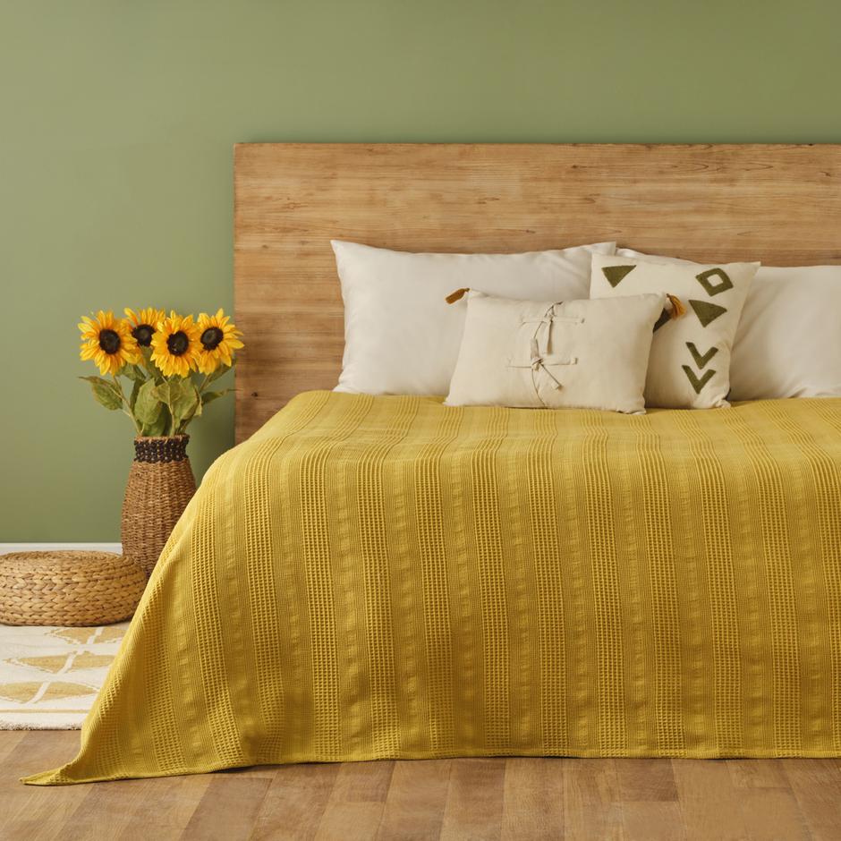 100% katoenen Russell eenpersoonsdeken mosterdgeel (150x220 cm)