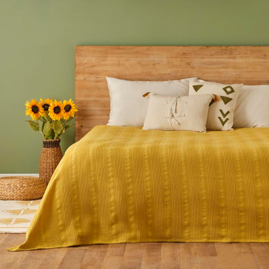 100% katoenen Russell eenpersoonsdeken mosterdgeel (150x220 cm)