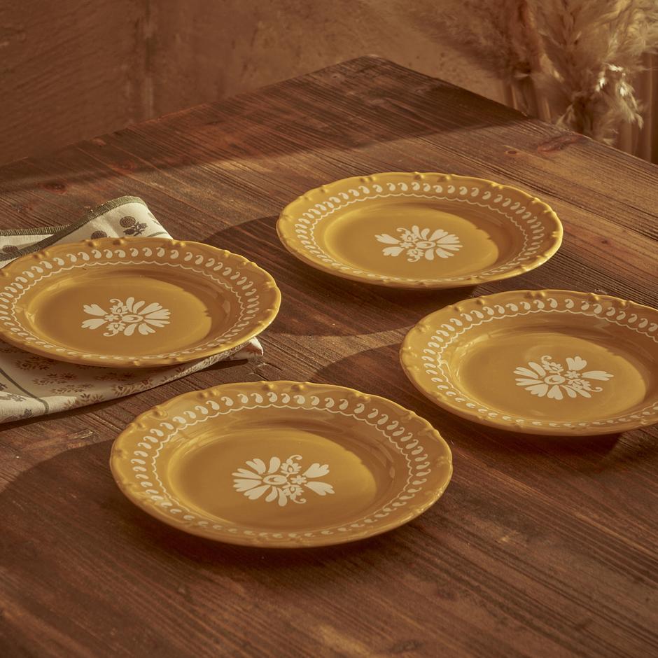 Set van 4 Indiase porseleinen taartborden, mosterdgeel (21 cm)