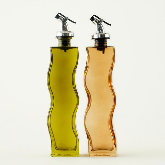 Golvende 2-delige olie- en azijnflessenset ambergroen (250 cc)