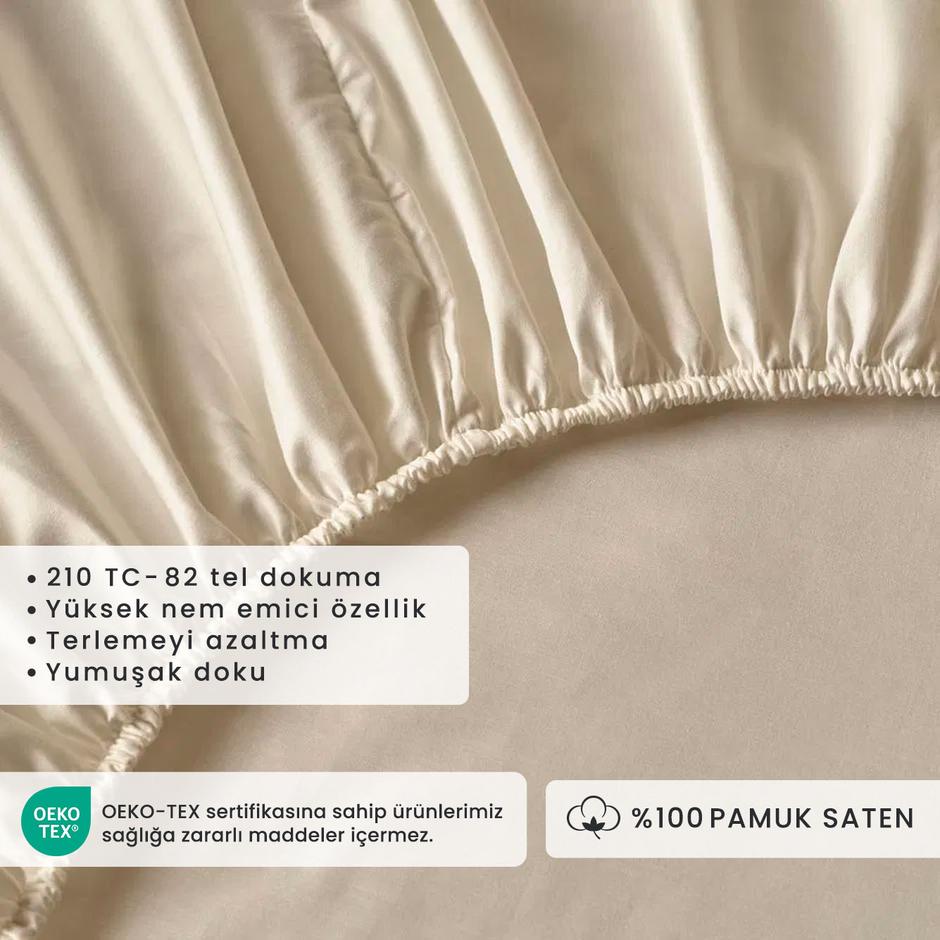 %100 Pamuk Saten King Size Çarşaf Krem (180x200 cm)