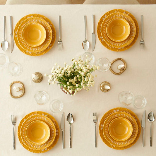 Indiaas porseleinen serviesset van 12 stuks voor 4 personen, mosterdgeel