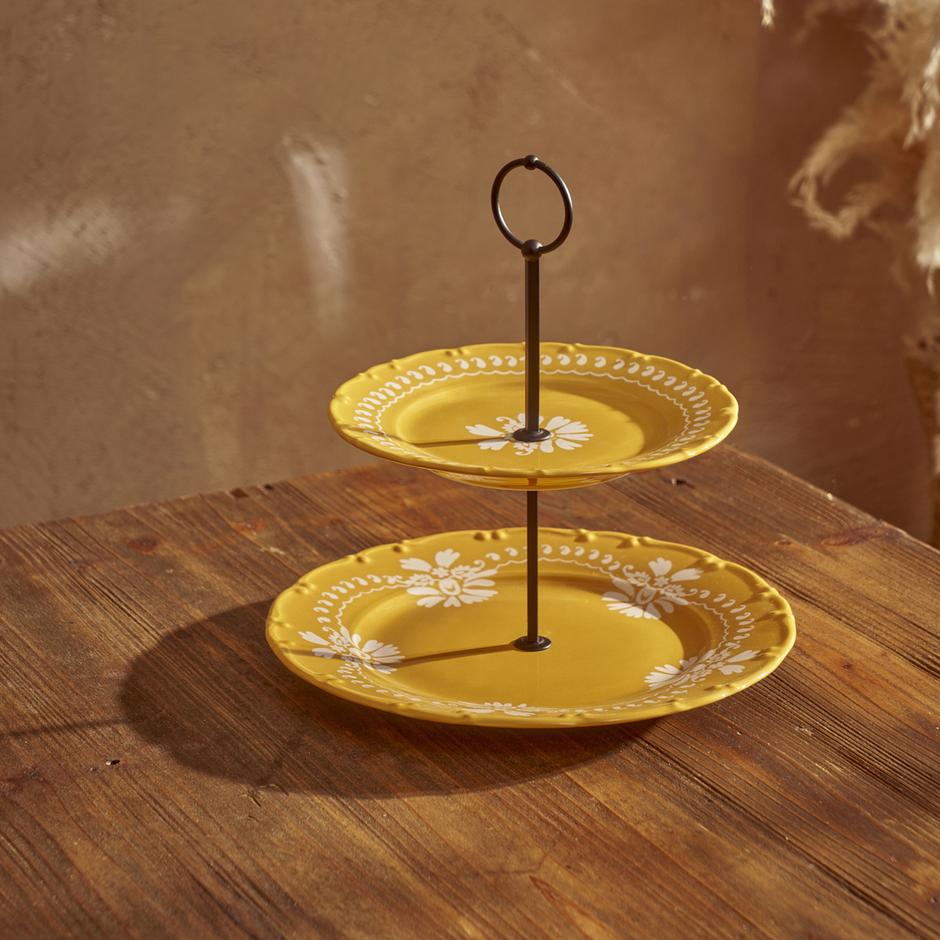 Indian Porselen Pastel 2 Katlı Kurabiyelik Hardal