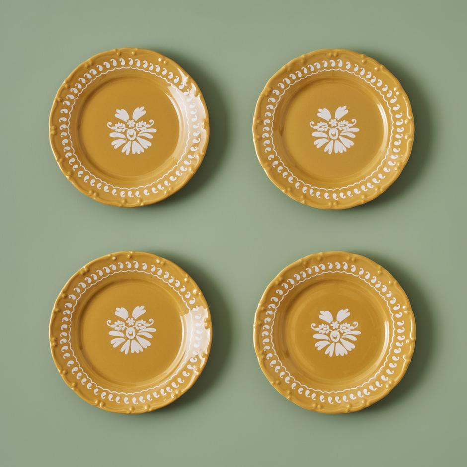 Set van 4 Indiase porseleinen taartborden, mosterdgeel (21 cm)