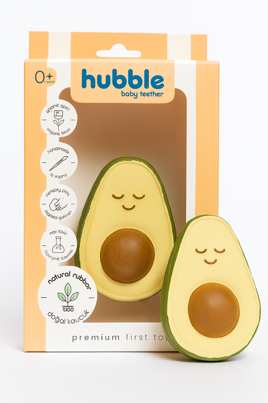 Avocado – Natuurlijke Rubber Baby Bijtring & Bijtspeeltje – Veilig Anti-Bacterieel – 0+ Maanden – Handgemaakt – Groen/Geel/Bruin