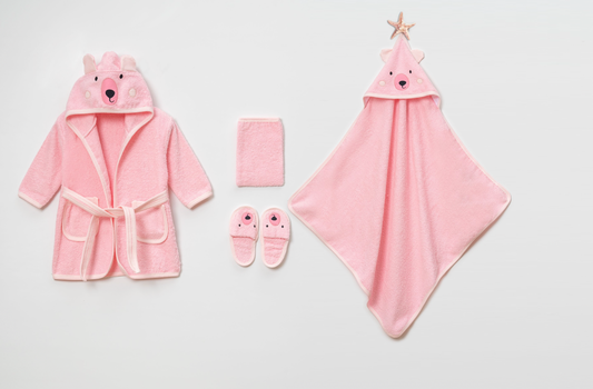 Baby Badset BEER 4-delig Roze – Badjas, Badcape met Capuchon, Slofjes & Washand – 100% Katoen