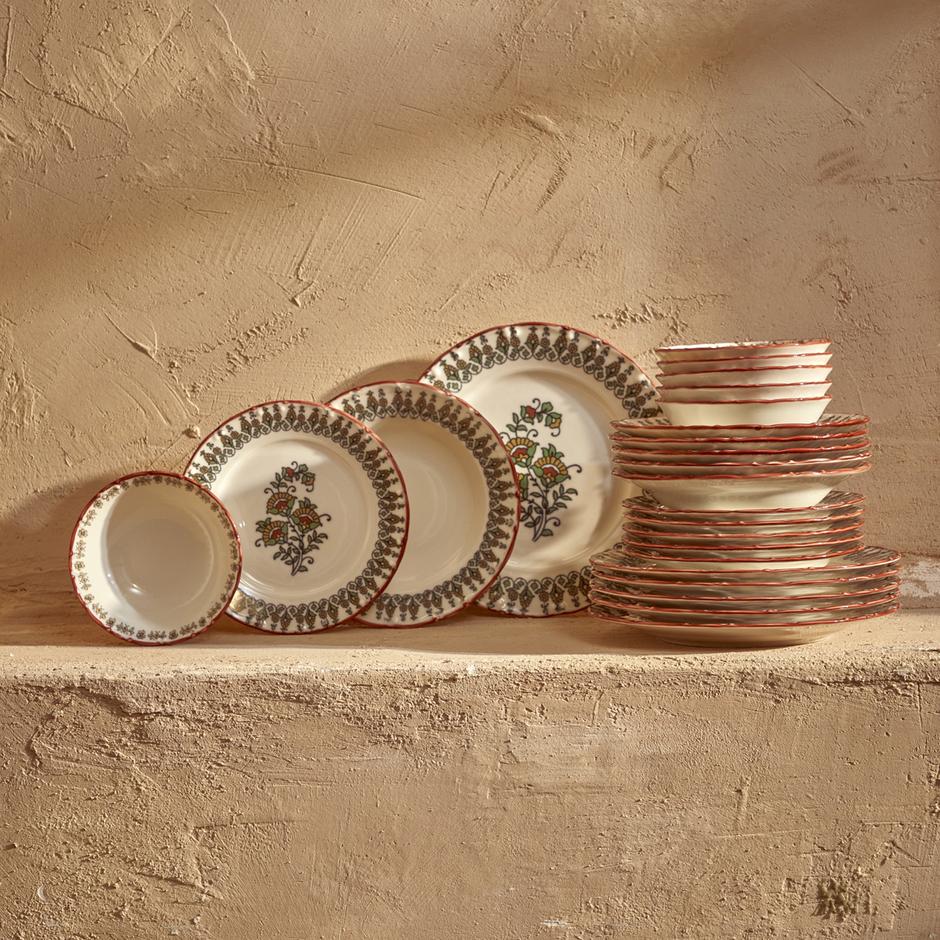 Indiaas porseleinen servies voor 6 personen, 24-delig, bordeauxrood