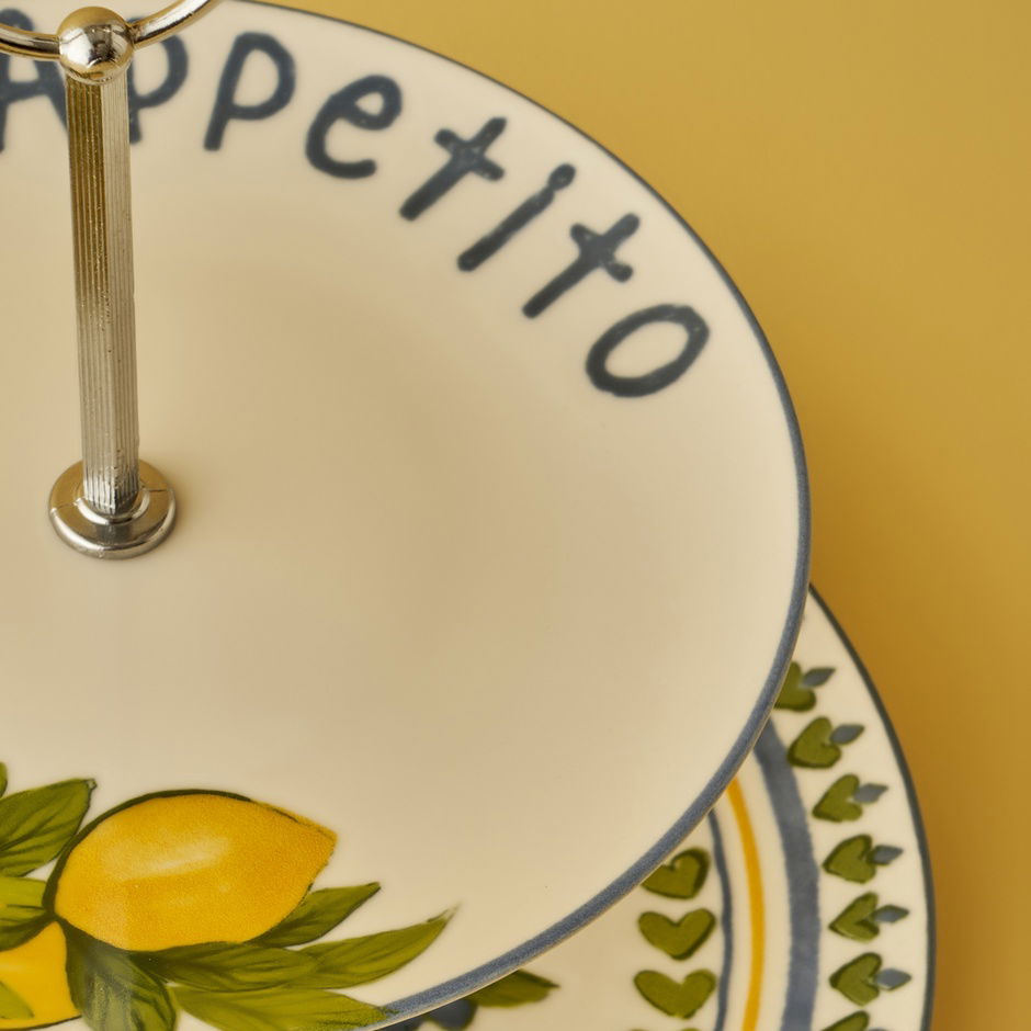 Lemoncello porseleinen koekjesstandaard met 2 lagen