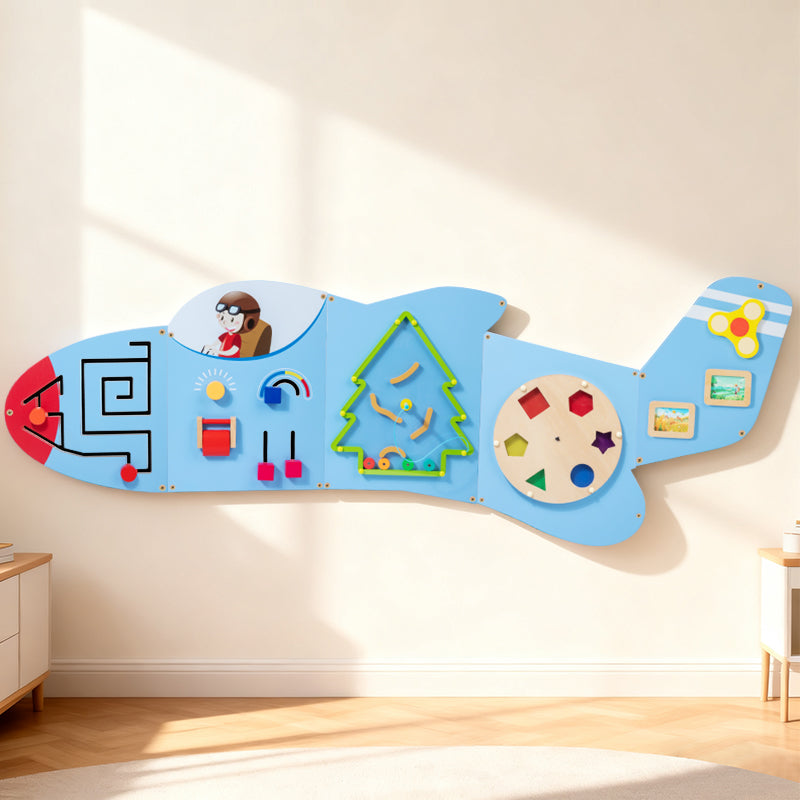 Montessori Vliegtuig lichtblauw Busy Board – Groot Houten Activiteitenbord voor Baby & Peuter