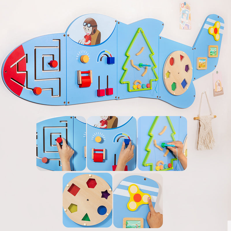 Montessori Vliegtuig lichtblauw Busy Board – Groot Houten Activiteitenbord voor Baby & Peuter