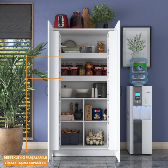 Multifunctionele Opbergkast met Wielen – 2-Deurs Voorraadkast/Keukenkast – Meerdere Legplanken – Wit – Modern Design