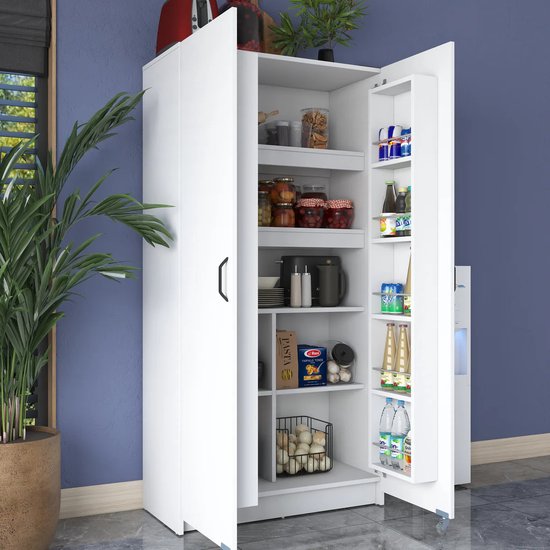 Multifunctionele Opbergkast met Wielen – 2-Deurs Voorraadkast/Keukenkast – Meerdere Legplanken – Wit – Modern Design