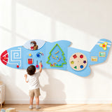 Montessori Vliegtuig lichtblauw Busy Board – Groot Houten Activiteitenbord voor Baby & Peuter