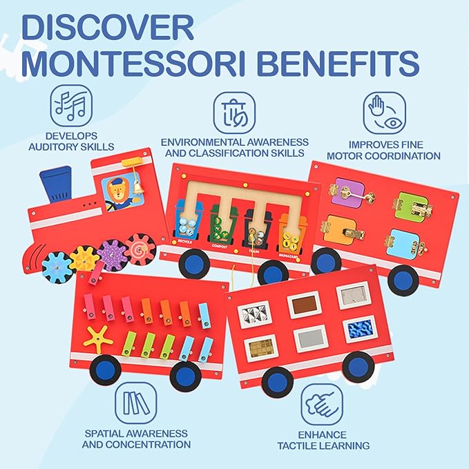 Montessori Trein Busy Board – Groot Houten Activiteitenbord voor Baby & Peuter