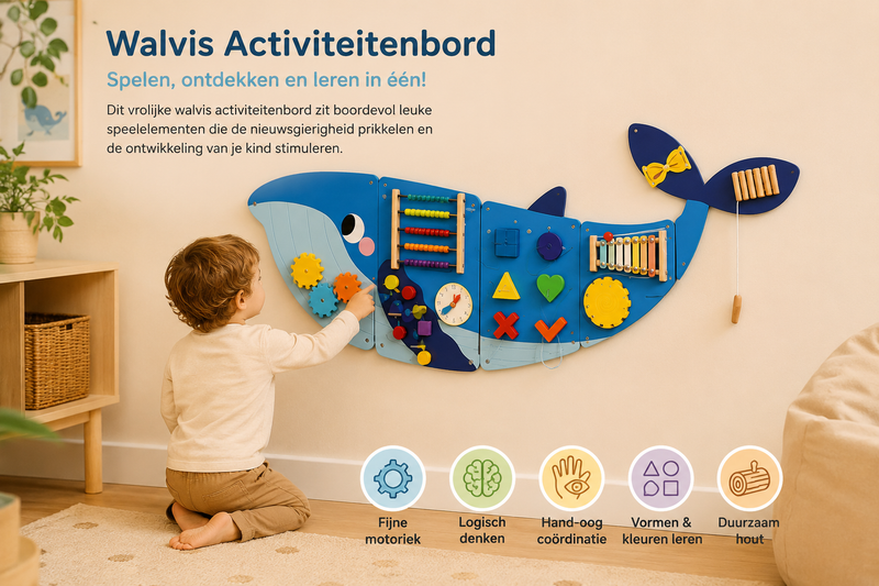Montessori Walvis Busy Board – Groot Houten Activiteitenbord voor Baby & Peuter