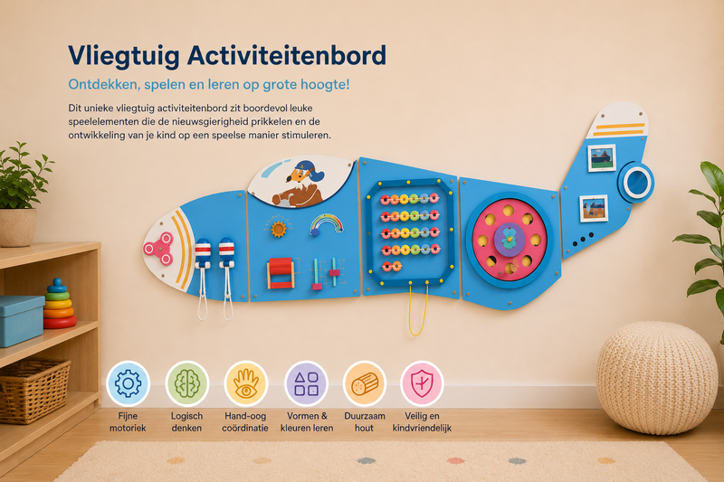Montessori Vliegtuig Busy Board – Groot Houten Activiteitenbord voor Baby & Peuter