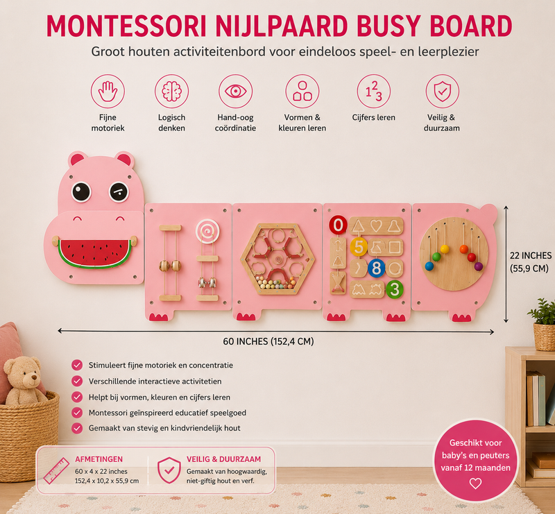 Montessori Nijlpaard Busy Board – Groot Houten Activiteitenbord voor Baby & Peuter