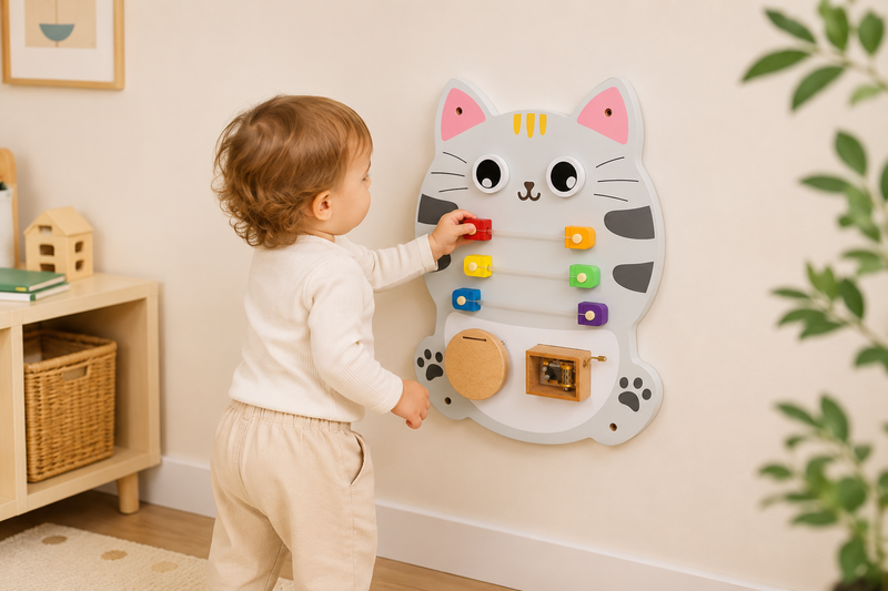 Montessori Busy Board Kat – Houten Educatief Activiteitenbord voor Baby & Peuter Productbeschrijving