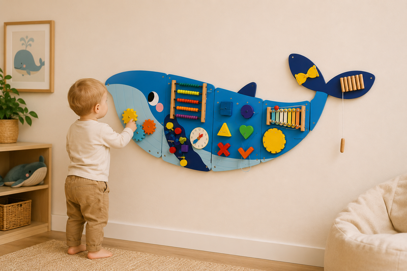 Montessori Walvis Busy Board – Groot Houten Activiteitenbord voor Baby & Peuter