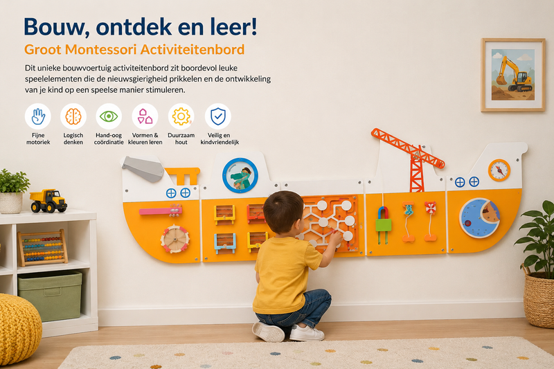 Montessori Bouwvoertuig Busy Board – Groot Houten Activiteitenbord voor Baby & Peuter