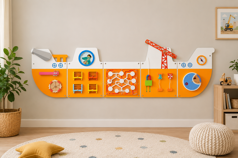 Montessori Bouwvoertuig Busy Board – Groot Houten Activiteitenbord voor Baby & Peuter