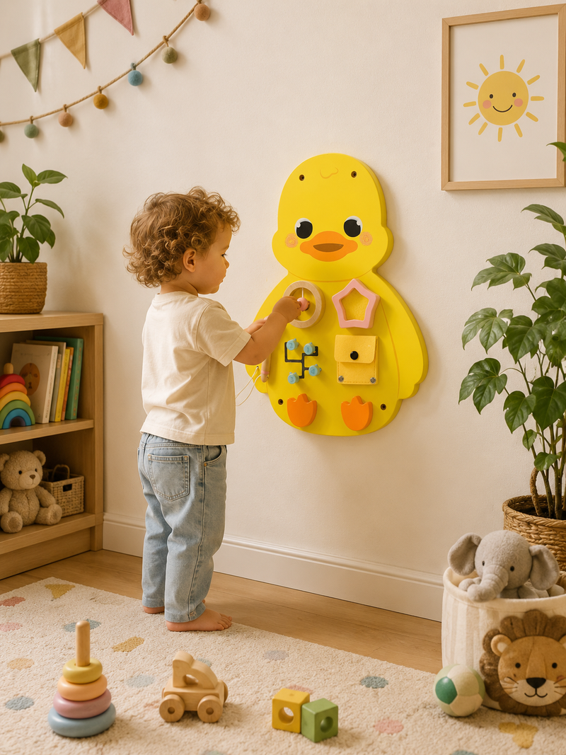 Montessori Eend Busy Board – Houten Educatief Activiteitenbord voor Baby & Peuter