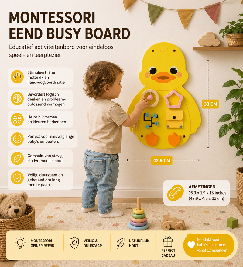 Montessori Eend Busy Board – Houten Educatief Activiteitenbord voor Baby & Peuter