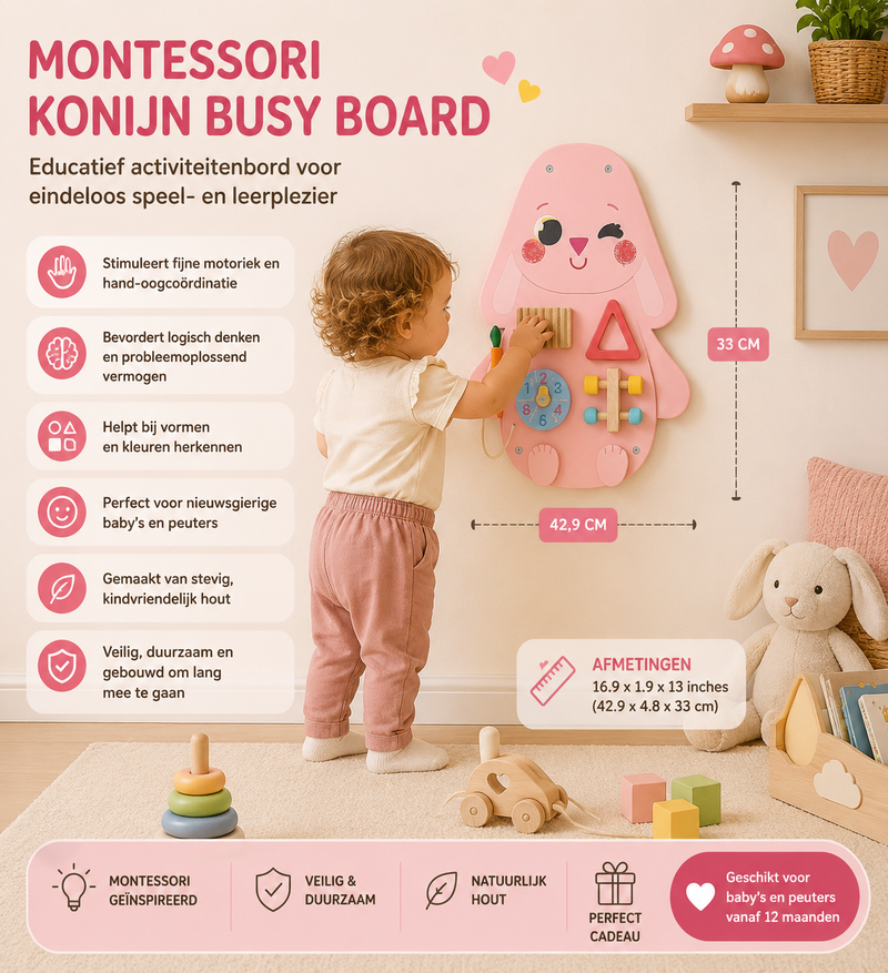 Montessori Konijn Busy Board – Houten Educatief Activiteitenbord voor Baby & Peuter