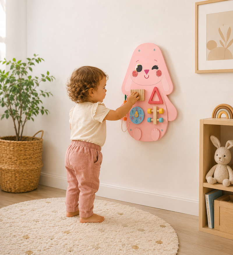 Montessori Konijn Busy Board – Houten Educatief Activiteitenbord voor Baby & Peuter