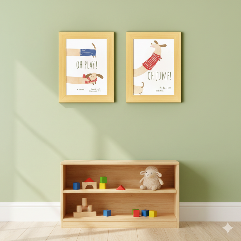 Kinderkamer Poster Teckel met Houten Frame – 17x23 cm - 2 stuks