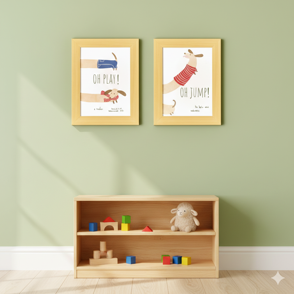 Kinderkamer Poster Teckel met Houten Frame – 17x23 cm - 2 stuks