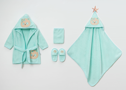 Baby Badset KAT 4-delig – Badjas, Badponcho, Slofjes & Washandje – Zacht & Absorberend – Met Capuchon