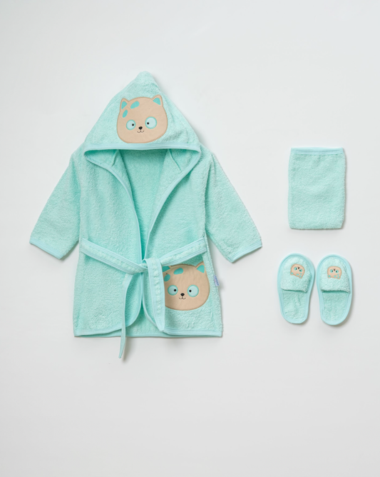 Baby Badset KAT 4-delig – Badjas, Badponcho, Slofjes & Washandje – Zacht & Absorberend – Met Capuchon