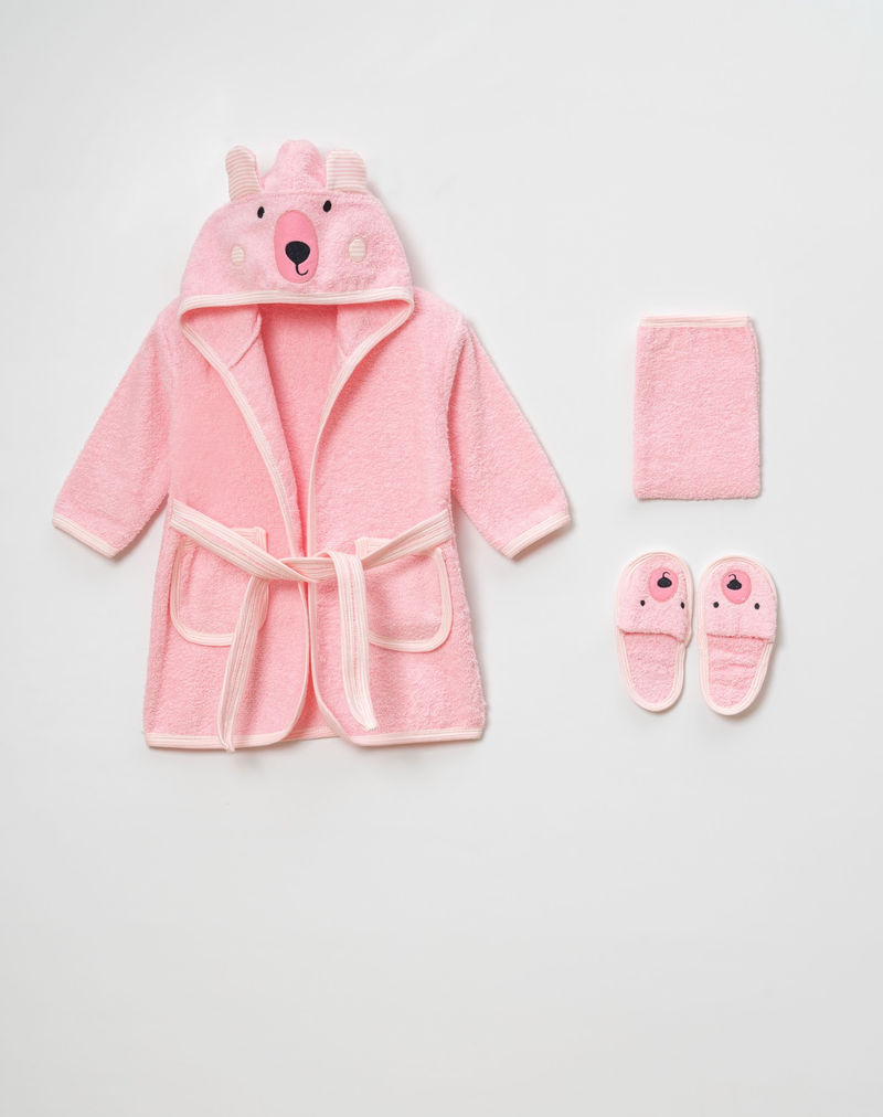 Baby Badset BEER 4-delig Roze – Badjas, Badcape met Capuchon, Slofjes & Washand – 100% Katoen