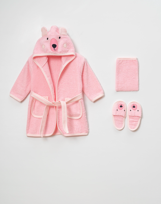 Baby Badset BEER 4-delig Roze – Badjas, Badcape met Capuchon, Slofjes & Washand – 100% Katoen