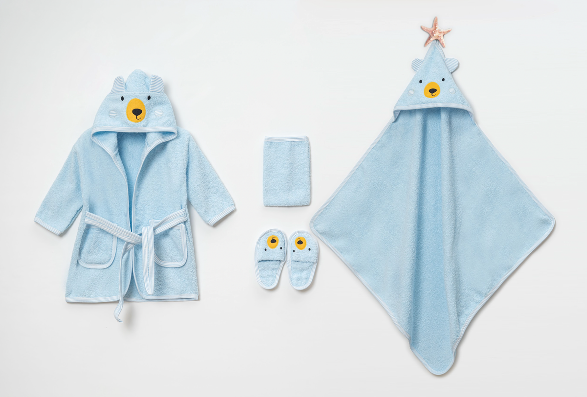 Baby Badset BEER 4-delig – Badjas, Badcape met Capuchon, Slofjes & Washand – 100% Katoen – Lichtblauw