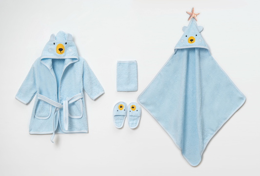 Baby Badset BEER 4-delig – Badjas, Badcape met Capuchon, Slofjes & Washand – 100% Katoen – Lichtblauw