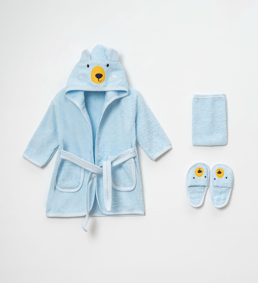 Baby Badset BEER 4-delig – Badjas, Badcape met Capuchon, Slofjes & Washand – 100% Katoen – Lichtblauw