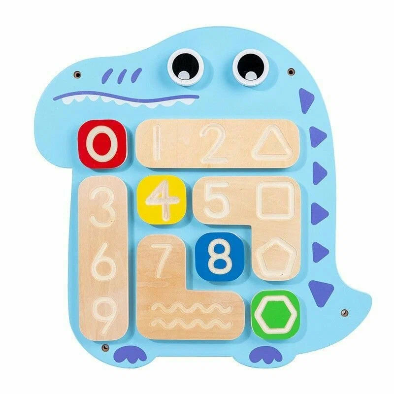 Montessori Dino Busy Board – Educatief Houten Activiteitenbord voor Baby & Peuter